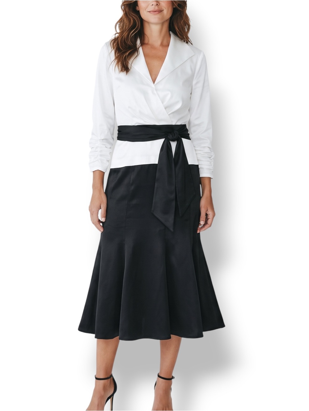 Vintage Tadashi Collection 12 Black White Satin Midi Dress Bow Mermaid Hem
